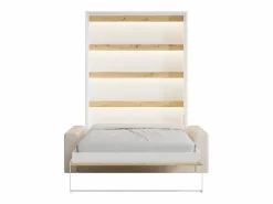 Vente-unique Cama Abatible|Cama abatible 140 x 190 cm apertura vertical leds blanco y natural + sofá - RAPILI