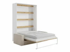Vente-unique Cama Abatible|Cama abatible 140 x 190 cm apertura vertical leds blanco y natural + sofá - RAPILI