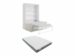 Vente-unique Cama abatible 140 x 200 cm apertura vertical leds blanco + colchón + sofá - RAPILI Beige / Blanco Discount