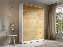 Vente-unique Cama abatible 160 x 200 cm apertura vertical LEDs blanco y natural + colchón - RAPILI Color natural claro / Blanco Best