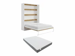 Vente-unique Cama abatible 160 x 200 cm apertura vertical LEDs blanco y natural + colchón - RAPILI Color natural claro / Blanco Best