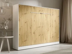 Vente-unique Cama abatible 140 x 200 cm apertura horizontal con leds blanco y natural - RAPILI Color natural claro / Blanco New