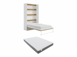 Vente-unique Cama abatible 120 x 200 cm apertura vertical leds blanco y natural + colchón - RAPILI Color natural claro / Blanco Outlet