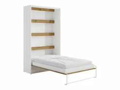 Vente-unique Cama abatible 120 x 200 cm apertura vertical leds blanco y natural + colchón - RAPILI Color natural claro / Blanco Outlet