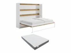 Vente-unique Cama abatible 140 x 200 cm apertura horizontal leds blanco natural + colchón - RAPILI Color natural claro / Blanco Outlet