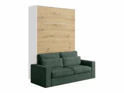 Vente-unique Cama Abatible|Cama abatible 140 x 200 cm con leds blanco y natural + colchón + sofá verde - RAPILI