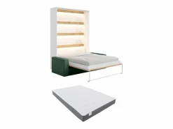Vente-unique Cama Abatible|Cama abatible 140 x 200 cm con leds blanco y natural + colchón + sofá verde - RAPILI