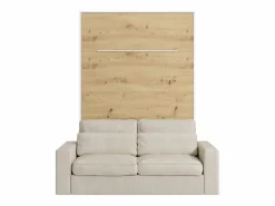 Vente-unique Cama abatible 140 x 190 cm con leds blanco y natural + colchón + sofá - RAPILI Color natural claro / Blanco New
