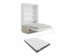 Vente-unique Cama abatible 140 x 190 cm con leds blanco y natural + colchón + sofá - RAPILI Color natural claro / Blanco New