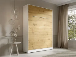 Vente-unique Cama abatible de 140 x 200 cm apertura vertical leds blanco y natural + colchón - RAPILI Color natural claro / Blanco New