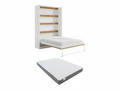 Vente-unique Cama abatible de 140 x 200 cm apertura vertical leds blanco y natural + colchón - RAPILI Color natural claro / Blanco New