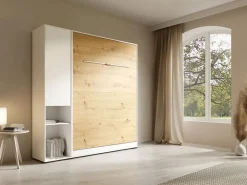 Vente-unique Cama abatible vertical 140 x 200 cm blanco y natural 1 armario - RAPILI Color natural claro / Blanco Best