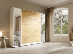 Cama abatible vertical 140 x 200 cm blanco y natural 2 armarios con espejo - RAPILI^Vente-unique Hot