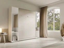 Vente-unique Cama abatible vertical 160 x 200 cm beige 2 armarios + espejo + colchón - RAPILI Beige / Blanco Discount