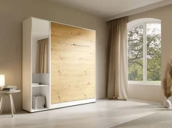 Vente-unique Cama abatible vertical 140 x 200 cm blanco y natural 1 armario con espejo - RAPILI Color natural claro / Blanco Clearance
