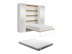 Cama abatible vertical 140 x 200 cm blanco y natural 2 armarios + espejo + colchón - RAPILI^Vente-unique Sale
