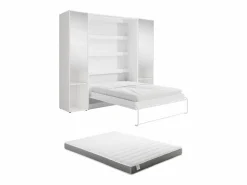 Vente-unique Cama abatible vertical 140 x 200 cm 2 armarios + espejo + colchón - RAPILI Blanco