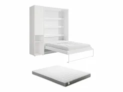 Vente-unique Cama Abatible|Cama abatible vertical 160 x 200 cm blanca 1 armario + colchón - RAPILI