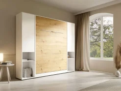 Vente-unique Cama abatible vertical 140 x 200 cm blanco y natural 2 armarios - RAPILI Color natural claro / Blanco Clearance