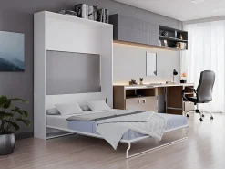 Vente-unique Cama Abatible|Cama abatible vertical de 160 x 200 cm gris y blanco con colchón - MALINA II