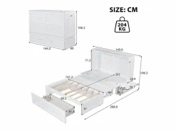 DripeX Cama Abatible|Cama abatible 140x200 cm - Con cajones y 2 estantes - Pino + MDF - Carga máx. 204 kg -