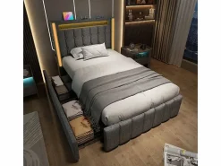 DripeX Cama Con Canapé|Cama Con Almacenaje|Cama acolchada 90x200 cm con 2 cajones, LED + Enchufes USB + Type C, Tela de lino - (sin colchón)