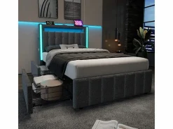 DripeX Cama Con Canapé|Cama Con Almacenaje|Cama acolchada 90x200 cm con 2 cajones, LED + Enchufes USB + Type C, Tela de lino - (sin colchón)