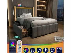 DripeX Cama Con Canapé|Cama Con Almacenaje|Cama acolchada 90x200 cm con 2 cajones, LED + Enchufes USB + Type C, Tela de lino - (sin colchón)