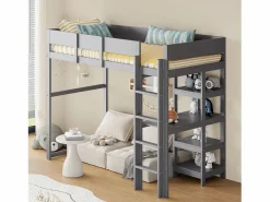 ModernLuxe Cama alta 90 x 200 cm - con escalera - con estantes de almacenamiento - madera maciza - con somier de láminas - (colchón no incluido) Gris Online