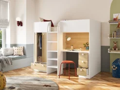 Vente-unique Cama Alta|Cama Infantil|Cama alta 90 x 190 cm con armario y escritorio en color blanco y natural - CINAMO