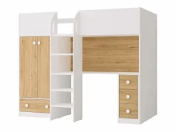 Vente-unique Cama Alta|Cama Infantil|Cama alta 90 x 190 cm con armario y escritorio en color blanco y natural - CINAMO