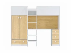 Vente-unique Cama Alta|Cama Infantil|Cama alta 90 x 190 cm con armario y escritorio en color blanco y natural - CINAMO