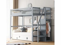 Merax Cama alta 90 x 200 cm con armario y escalera - Madera maciza + contrachapado + MDF - (Sin colchón) Gris Online