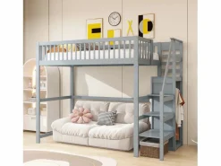 Merax Cama alta 90 x 200 cm con armario y escalera - Madera maciza + contrachapado + MDF - (Sin colchón) Gris Online