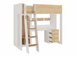 Vente-unique Cama Alta|Cama Infantil|cama alta 90 x 190 cm con armario y escritorio colores natural y blanco + colchón - ALVENOU