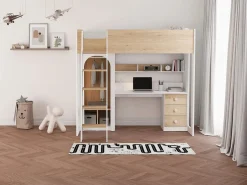 cama alta 90 x 190 cm con armario y escritorio color natural y blanco - ALVENOU^Vente-unique Online