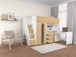 Cama alta 90 x 190 cm con armario y escritorio en color blanco y natural - LANILATO^Vente-unique Outlet