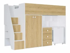 Cama alta 90 x 190 cm con armario y escritorio en color blanco y natural - LANILATO^Vente-unique Outlet