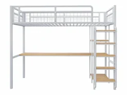 Merax Cama Alta|Cama alta 90 x 200 cm con escritorio y estantes de almacenaje - Metal y MDF - para niños -