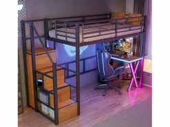 Merax Cama alta 90 x 200 cm con escritorio, armario, estanterías - Iluminación ambiental - Metal - (sin colchón) Negro