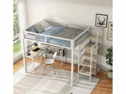 Cama alta 140 x 200 cm con escritorio en L, armario y estantes - Metal + MDF - Somier de láminas - (sin colchón)^Merax Clearance