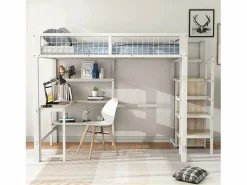 Cama alta 140 x 200 cm con escritorio en L, armario y estantes - Metal + MDF - Somier de láminas - (sin colchón)^Merax Clearance