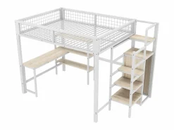 Cama alta 140 x 200 cm con escritorio en L, armario y estantes - Metal + MDF - Somier de láminas - (sin colchón)^Merax Clearance