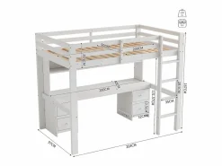 Merax Cama Alta|Cama alta 90 x 200 cm con escritorio, librería, cajones y escalera, madera MDF,