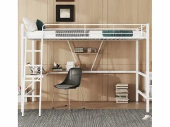 Merax Cama Alta|Cama alta 90 x 200 cm con escritorio en L y estante - Metal + MDF - Somier de láminas - Natural (sin colchón)