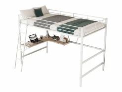 Merax Cama Alta|Cama alta 90 x 200 cm con escritorio en L y estante - Metal + MDF - Somier de láminas - Natural (sin colchón)