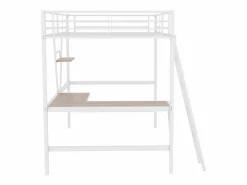 Merax Cama Alta|Cama alta 90 x 200 cm con escritorio en L y estante - Metal + MDF - Somier de láminas - Natural (sin colchón)