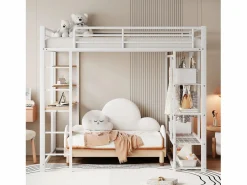 Merax Cama alta 140 x 200 cm con escritorio y estantes de almacenamiento - metal - somier de láminas - (sin colchón) Blanco Hot