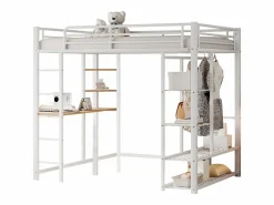 Merax Cama alta 140 x 200 cm con escritorio y estantes de almacenamiento - metal - somier de láminas - (sin colchón) Blanco Hot