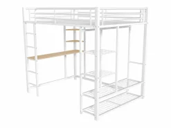 Merax Cama alta 140 x 200 cm con escritorio y estantes de almacenamiento - metal - somier de láminas - (sin colchón) Blanco Hot
